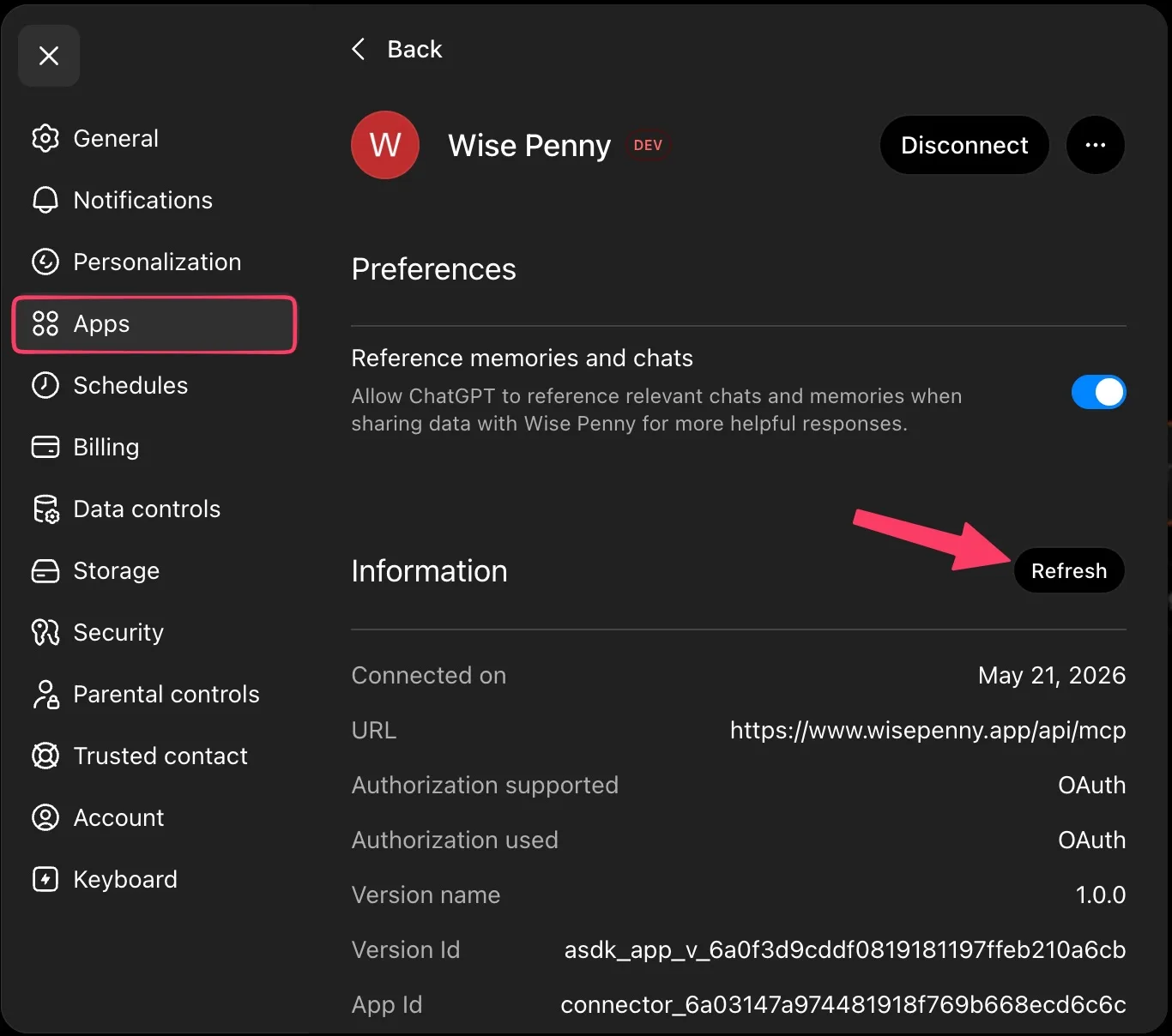 ChatGPT Settings with the Apps section selected and the Wise Penny app open, showing the Refresh button in the Information section.