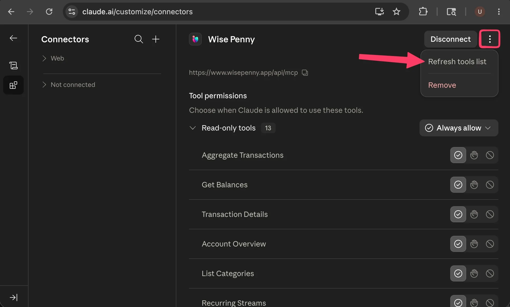 The Wise Penny connector page on claude.ai with the three-dot menu open, showing the Refresh tools list option.